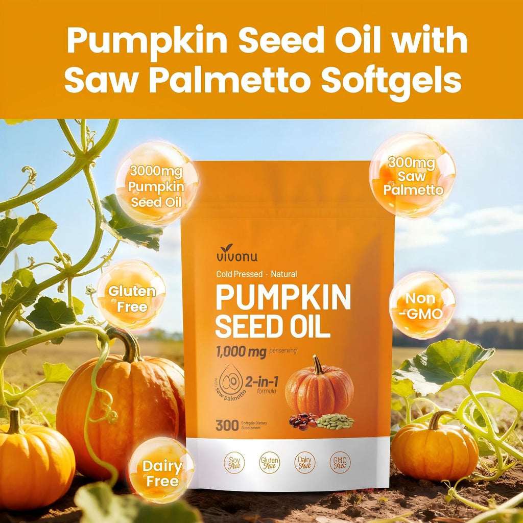 VivoNu Pumpkin Seed Oil with Saw Palmetto Capsules | Cold Pressed, Pure Virgin Oil, Essential Fatty Acids & Phytosterols | 300 SoftgelsSupports Hair, Urinary - FENGGESTORE20