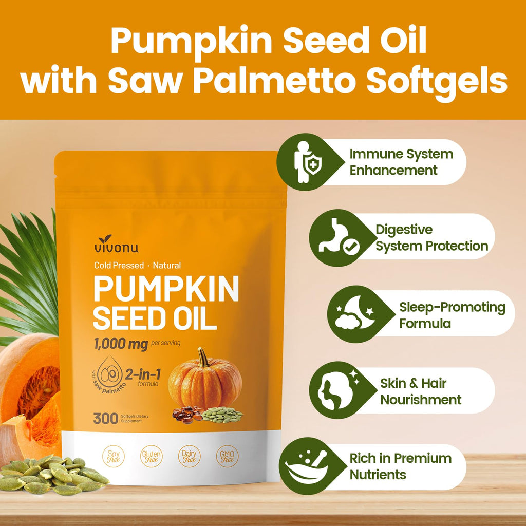 VivoNu Pumpkin Seed Oil with Saw Palmetto Capsules | Cold Pressed, Pure Virgin Oil, Essential Fatty Acids & Phytosterols | 300 SoftgelsSupports Hair, Urinary - FENGGESTORE20