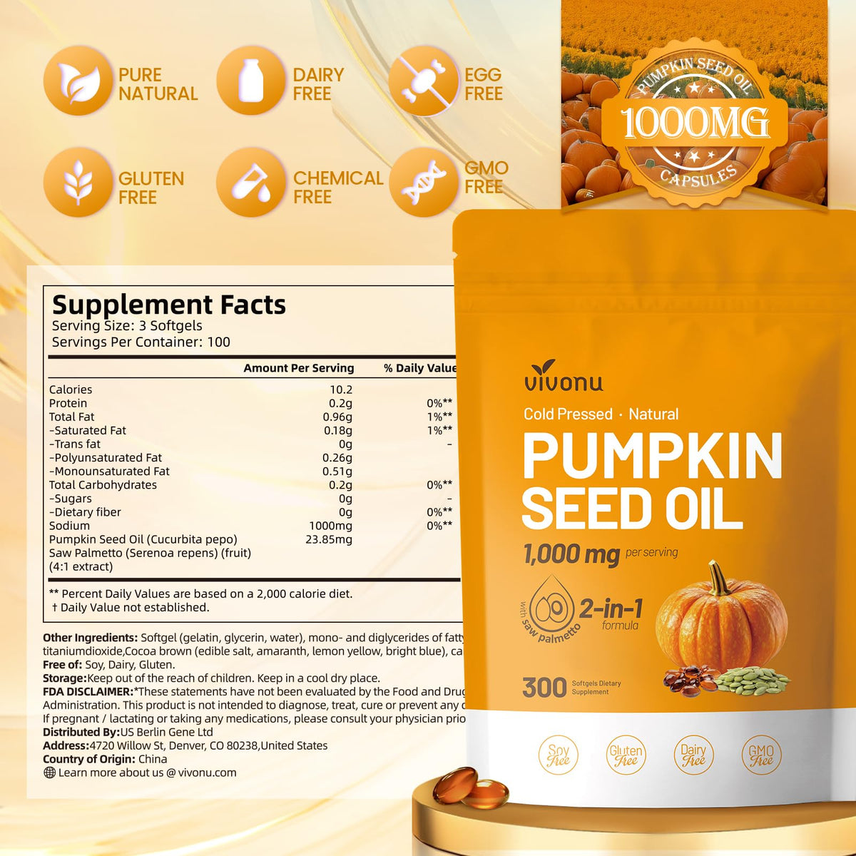 VivoNu Pumpkin Seed Oil with Saw Palmetto Capsules | Cold Pressed, Pure Virgin Oil, Essential Fatty Acids & Phytosterols | 300 SoftgelsSupports Hair, Urinary - FENGGESTORE20