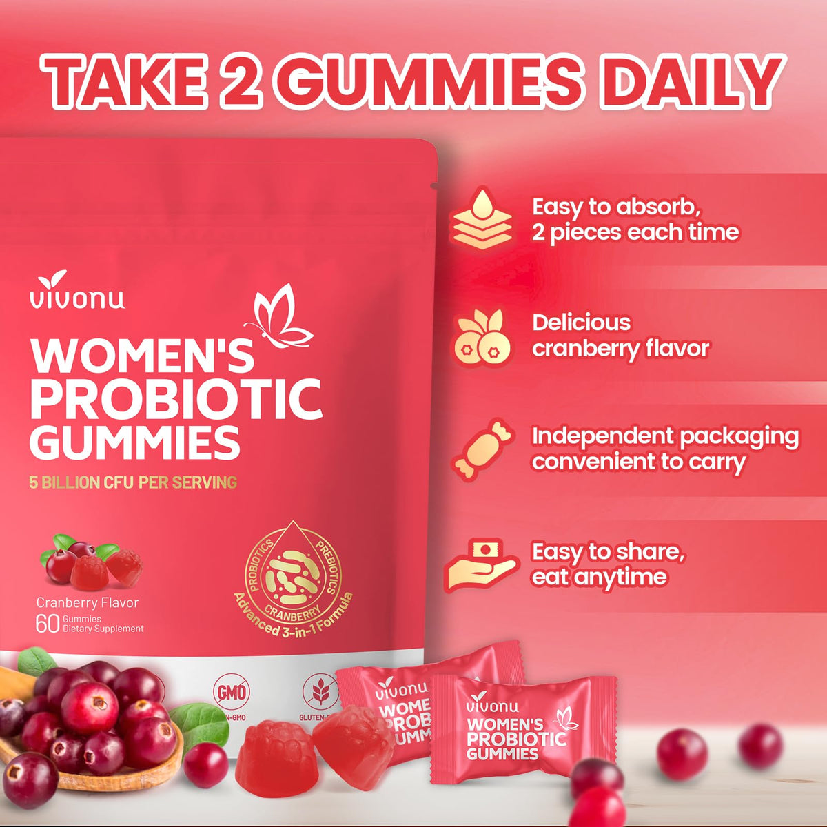VivoNu Viginal Probiotics for Women, Women Probiotic Gummies, Feminine Balance Gummies, Prebiotic Gummy, Cranberry Probiotics for Woman Vaginigal Health, Yeast Ph Balance| 60 Gummies - FENGGESTORE20