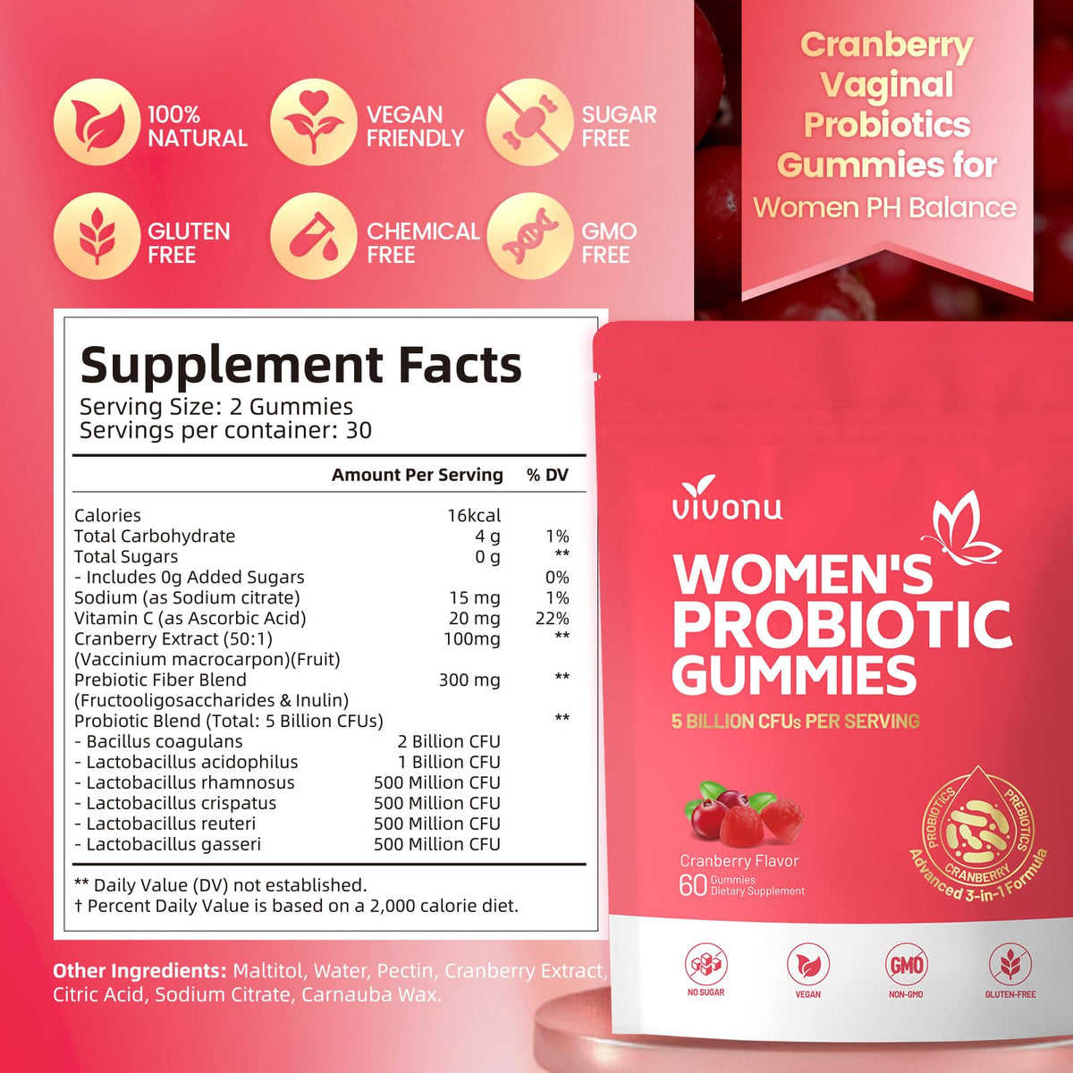 VivoNu Viginal Probiotics for Women, Women Probiotic Gummies, Feminine Balance Gummies, Prebiotic Gummy, Cranberry Probiotics for Woman Vaginigal Health, Yeast Ph Balance| 60 Gummies - FENGGESTORE20