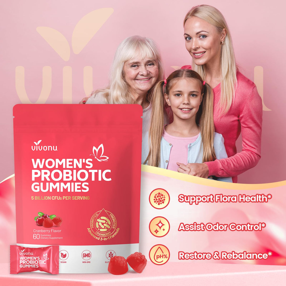 VivoNu Viginal Probiotics for Women, Women Probiotic Gummies, Feminine Balance Gummies, Prebiotic Gummy, Cranberry Probiotics for Woman Vaginigal Health, Yeast Ph Balance| 60 Gummies - FENGGESTORE20