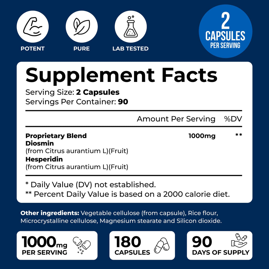 We Like Vitamins Diosmin Hesperidin 1000mg – 180 Capsules – 90 Day Supply - Diosmin and Hesperidin Supplement – Helps to Support Healthy Circulation, Veins, Capillaries, and Lymphatic Drainage - FENGGESTORE20