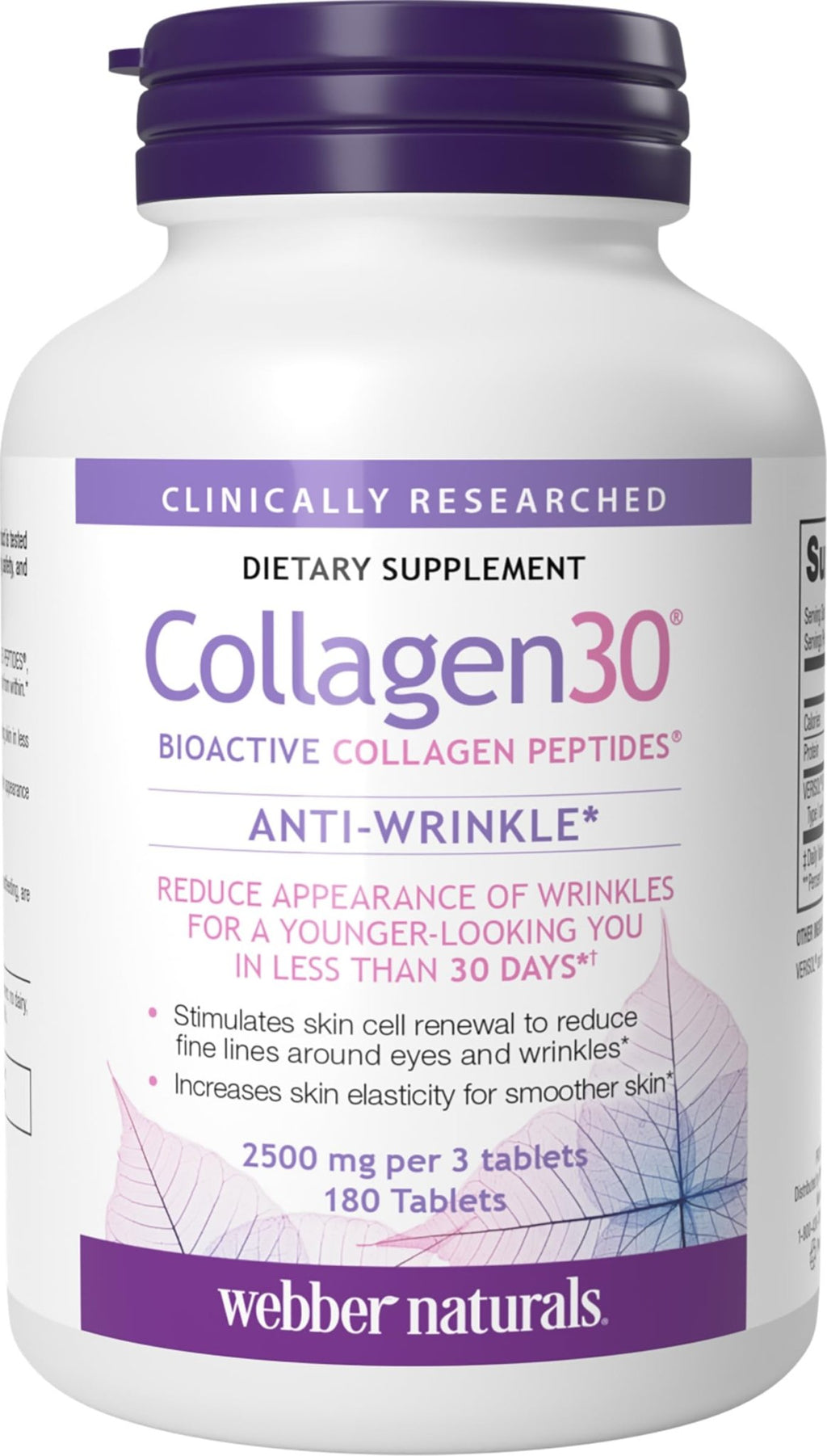 Webber Naturals Collagen 30 Anti-Wrinkle, 2,500mg of Bioactive Collagen Peptides Per Serving (3 Tablets), 180 Tablets, Helps Reduce Deep Wrinkles - FENGGESTORE20