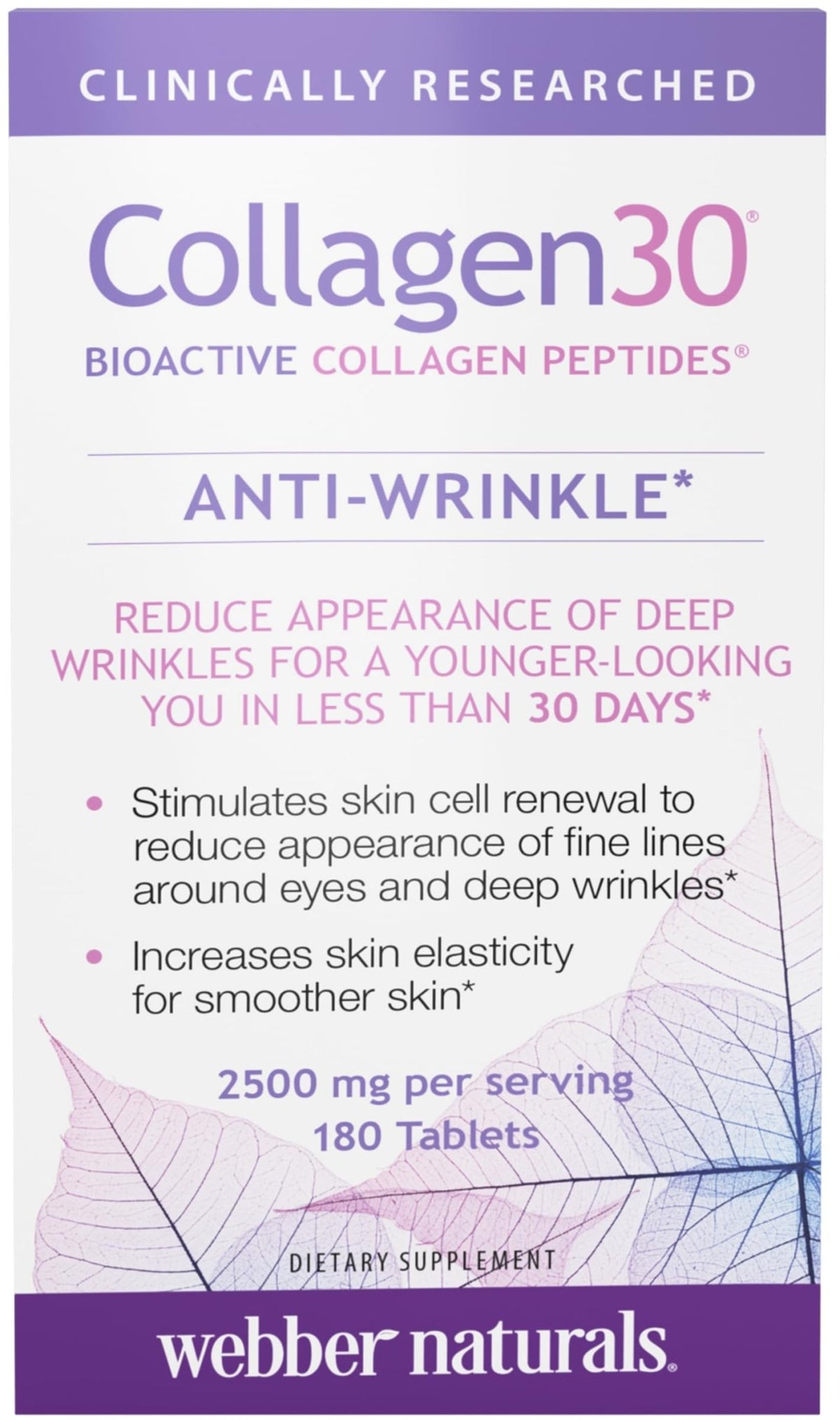 Webber Naturals Collagen30 Anti-Wrinkle, 2,500mg of Bioactive Collagen Peptides Per Serving (3 Tablets), 180 Tablets, Helps Reduce Deep Wrinkles, Fine Lines, Non GMO, Dairy, Gluten Free - FENGGESTORE20