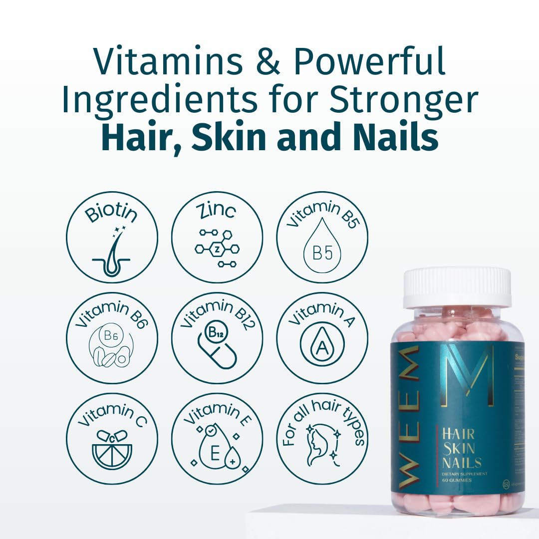 WEEM Hair Skin and Nails Gummies - Supports Healthy Hair - Vegan biotin Vitamins for Women & Men Supports Faster Hair Growth, Stronger Nails, Healthy Skin, Extra Strength (1) - FENGGESTORE20