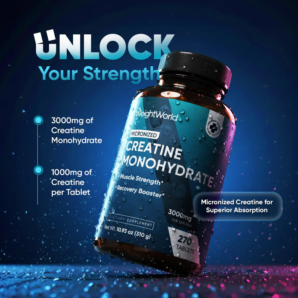 WeightWorld Micronized Creatine Monohydrate 3000mg Tablets - Muscle Growth, Strength, Energy & Recovery | Pre Workout Creatine for Women & Men | 1000mg per Tab - FENGGESTORE20