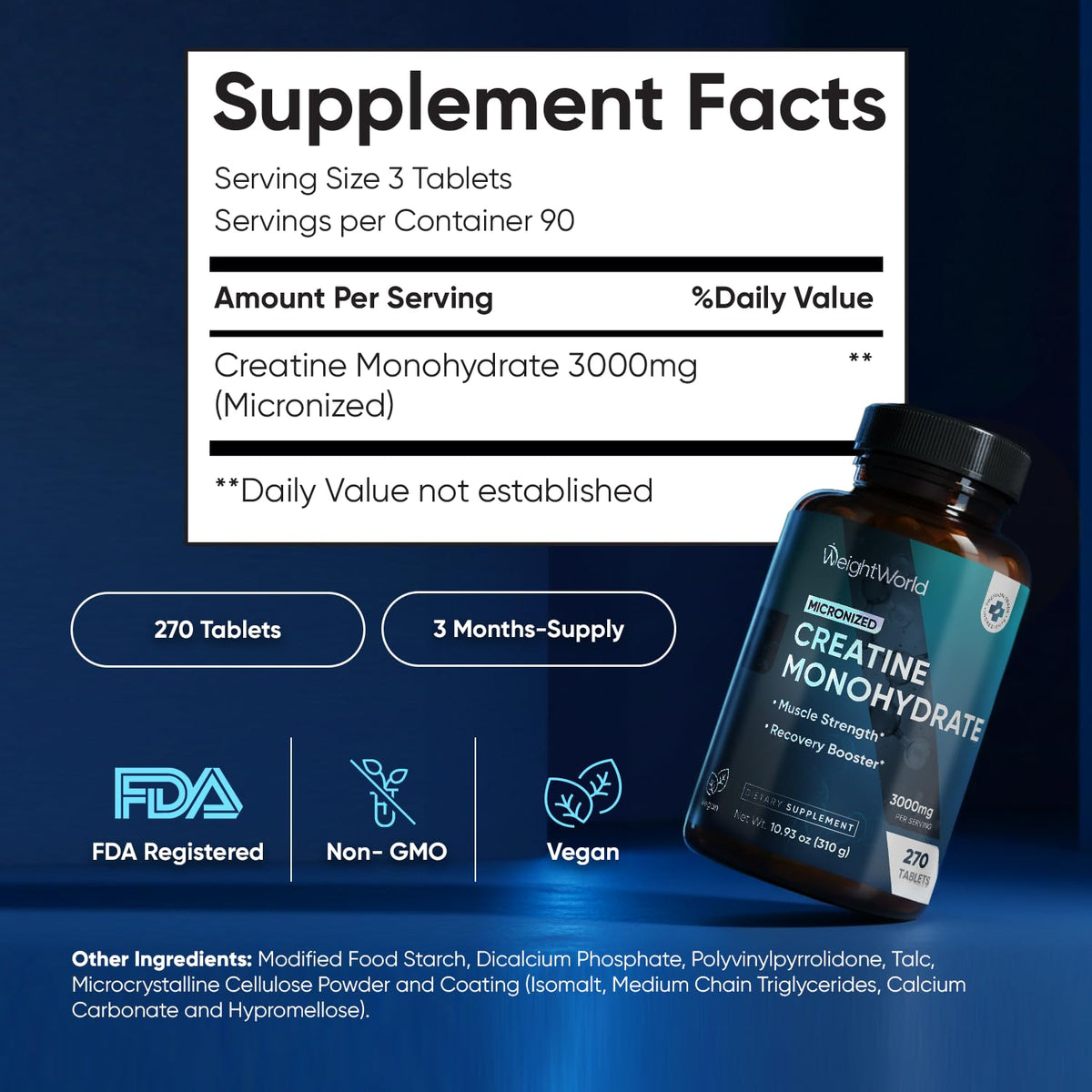 WeightWorld Micronized Creatine Monohydrate 3000mg Tablets - Muscle Growth, Strength, Energy & Recovery | Pre Workout Creatine for Women & Men | 1000mg per Tab - FENGGESTORE20