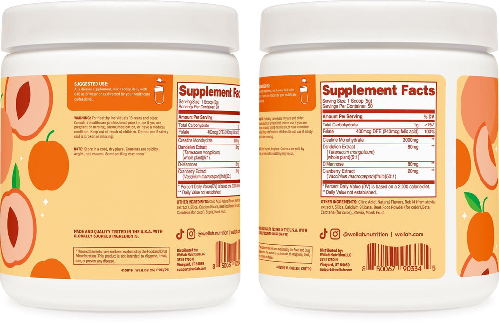 Wellah Creatine for Women - Creatine Monohydrate with Dandelion & Cranberry Extract (50 Servings, Clementine Peach) - FENGGESTORE20