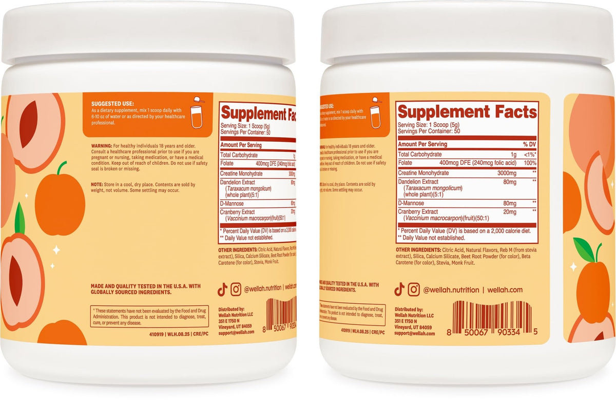 Wellah Creatine for Women - Creatine Monohydrate with Dandelion & Cranberry Extract (50 Servings, Clementine Peach) - FENGGESTORE20