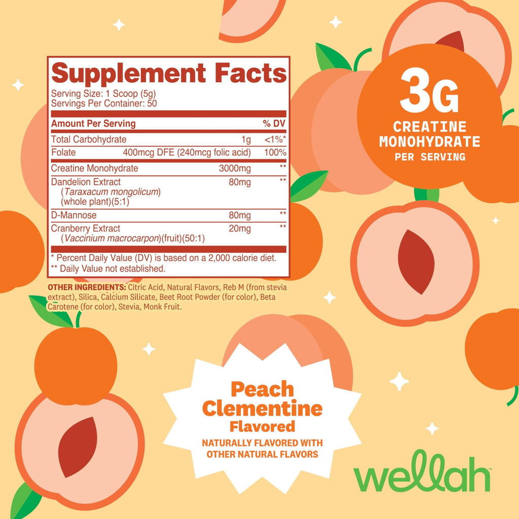 Wellah Creatine for Women - Creatine Monohydrate with Dandelion & Cranberry Extract (50 Servings, Clementine Peach) - FENGGESTORE20