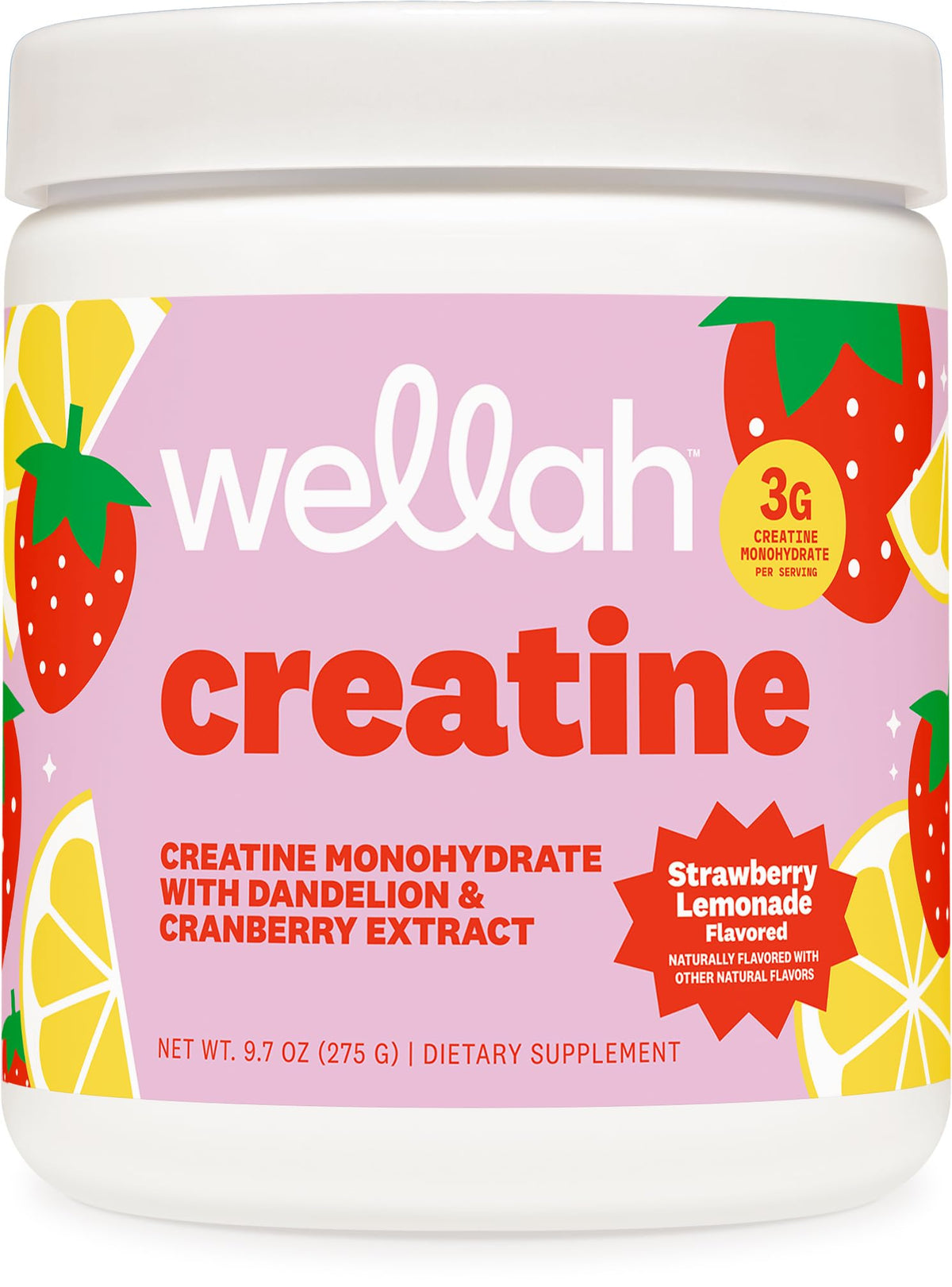 Wellah Creatine for Women - Creatine Monohydrate with Dandelion & Cranberry Extract (50 Servings, Strawberry Lemonade) - FENGGESTORE20