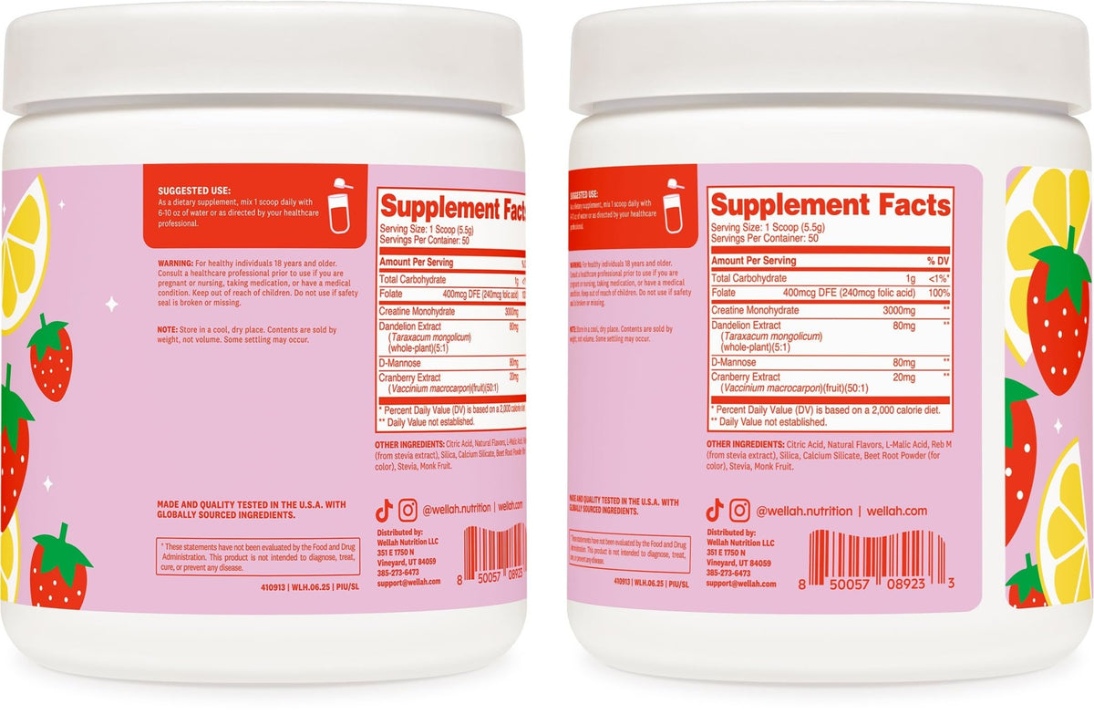 Wellah Creatine for Women - Creatine Monohydrate with Dandelion & Cranberry Extract (50 Servings, Strawberry Lemonade) - FENGGESTORE20