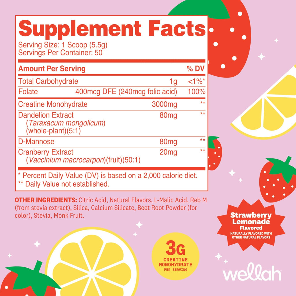 Wellah Creatine for Women - Creatine Monohydrate with Dandelion & Cranberry Extract (50 Servings, Strawberry Lemonade) - FENGGESTORE20