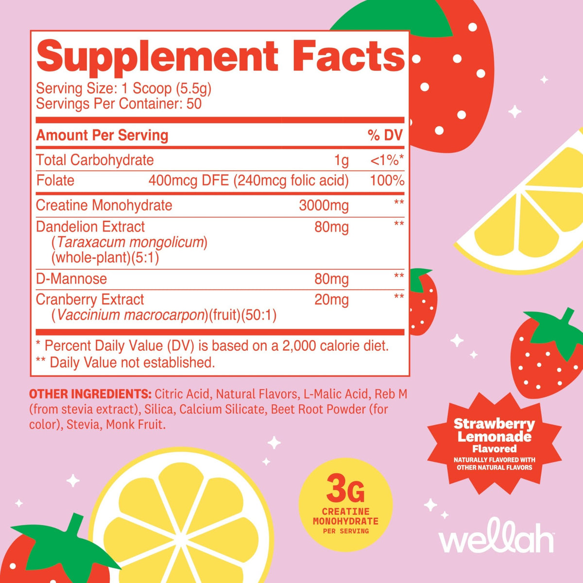 Wellah Creatine for Women - Creatine Monohydrate with Dandelion & Cranberry Extract (50 Servings, Strawberry Lemonade) - FENGGESTORE20