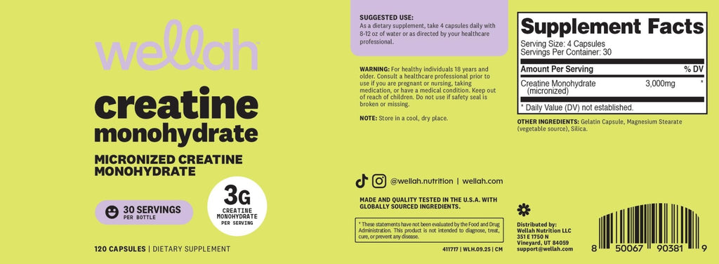 Wellah Creatine Monohydrate Capsules (3000 mg) 120 Capsules - Micronized Creatine, 30 Servings - FENGGESTORE20