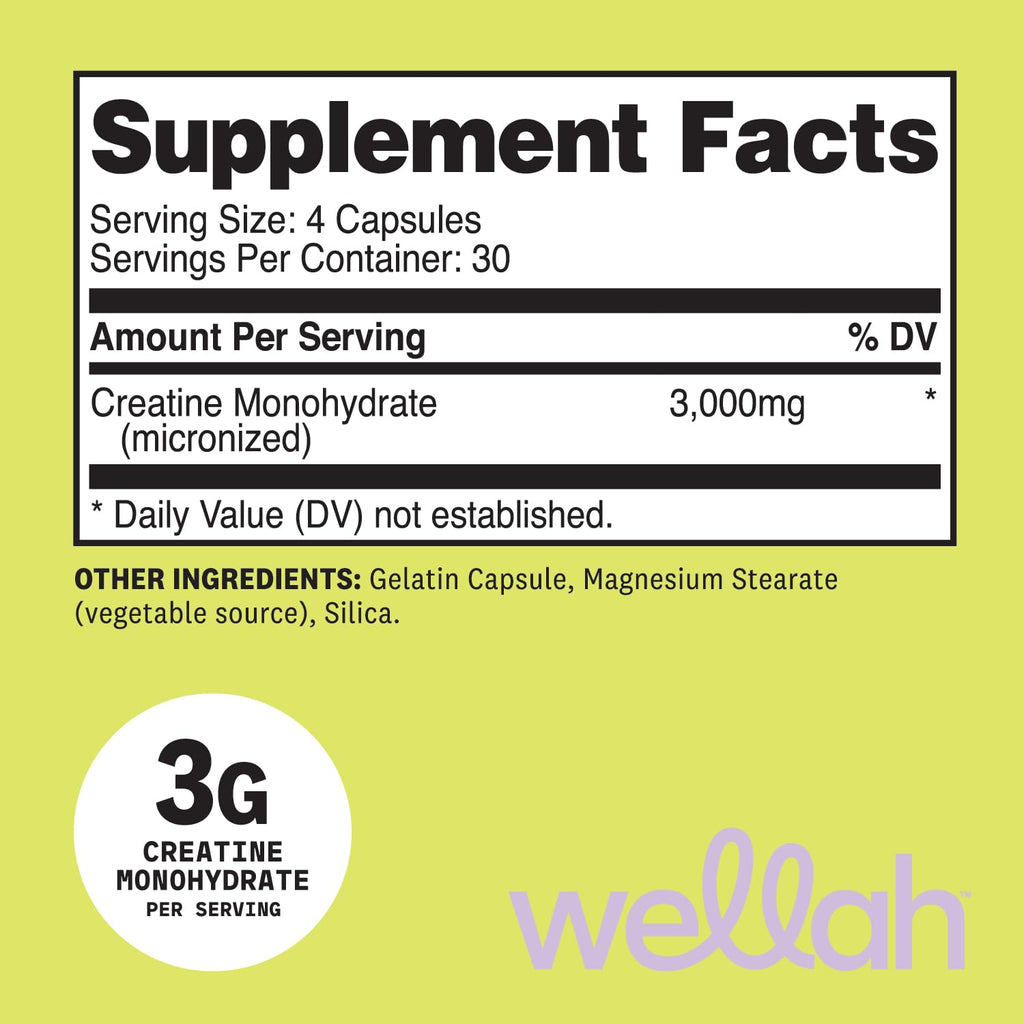 Wellah Creatine Monohydrate Capsules (3000 mg) 120 Capsules - Micronized Creatine, 30 Servings - FENGGESTORE20
