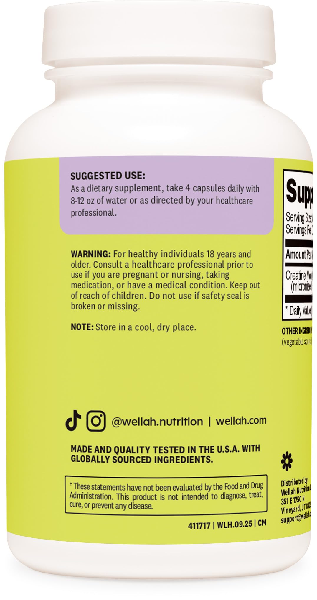 Wellah Creatine Monohydrate Capsules (3000 mg) 120 Capsules - Micronized Creatine, 30 Servings - FENGGESTORE20