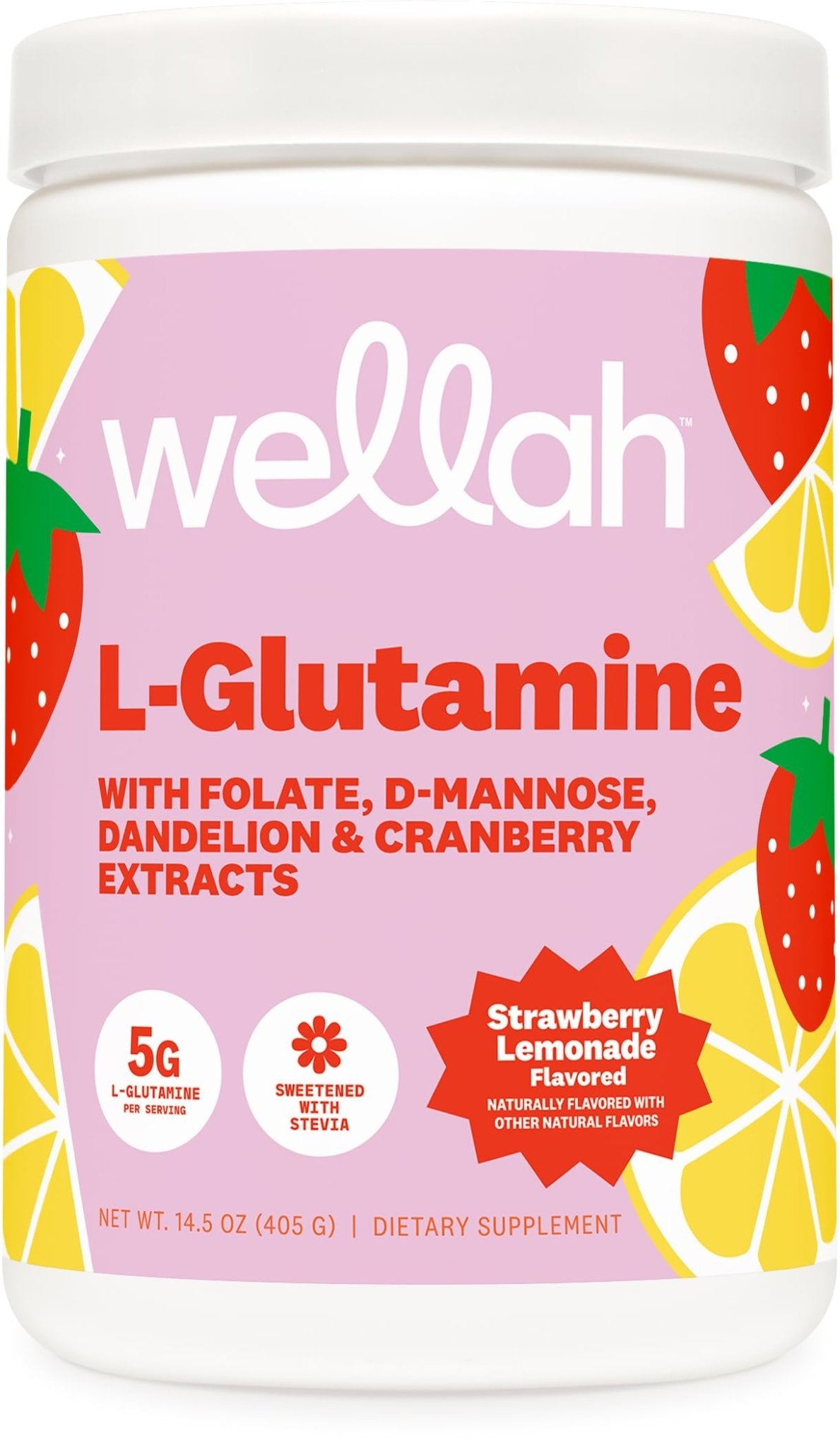 Wellah L-Glutamine Strawberry Lemonade Flavored (50 Servings) - 5g L-Glutamine Per Serving, Sweetened with Stevia - FENGGESTORE20