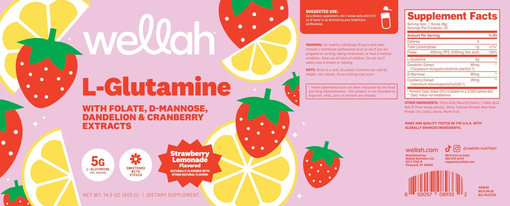 Wellah L-Glutamine Strawberry Lemonade Flavored (50 Servings) - 5g L-Glutamine Per Serving, Sweetened with Stevia - FENGGESTORE20