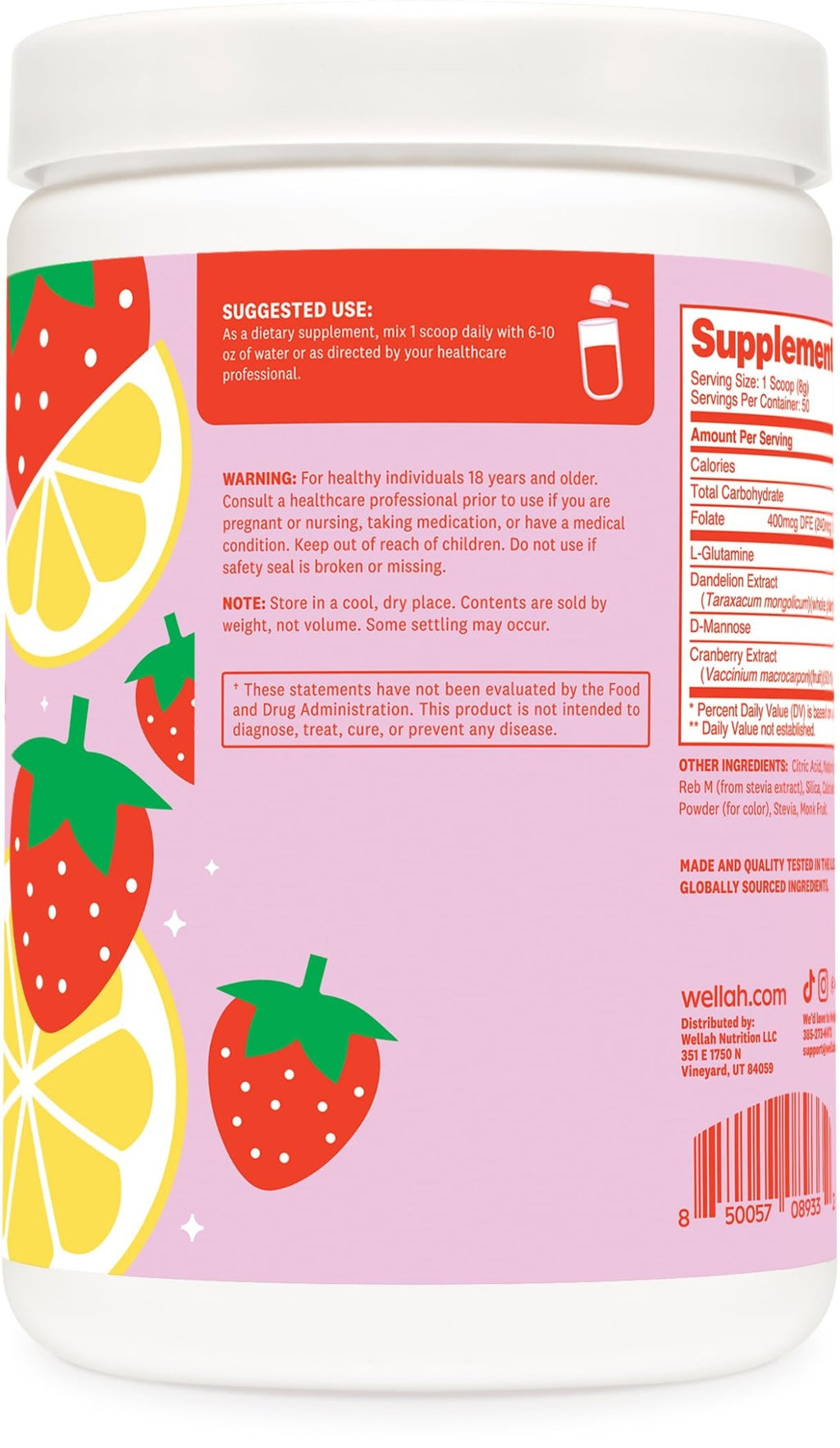 Wellah L-Glutamine Strawberry Lemonade Flavored (50 Servings) - 5g L-Glutamine Per Serving, Sweetened with Stevia - FENGGESTORE20
