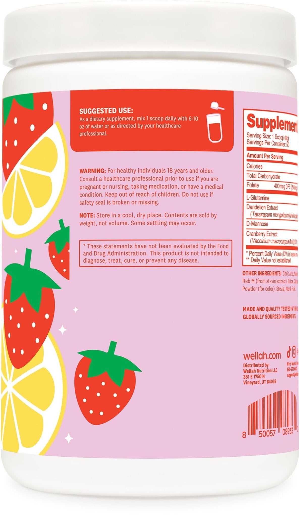Wellah L-Glutamine Strawberry Lemonade Flavored (50 Servings) - 5g L-Glutamine Per Serving, Sweetened with Stevia - FENGGESTORE20