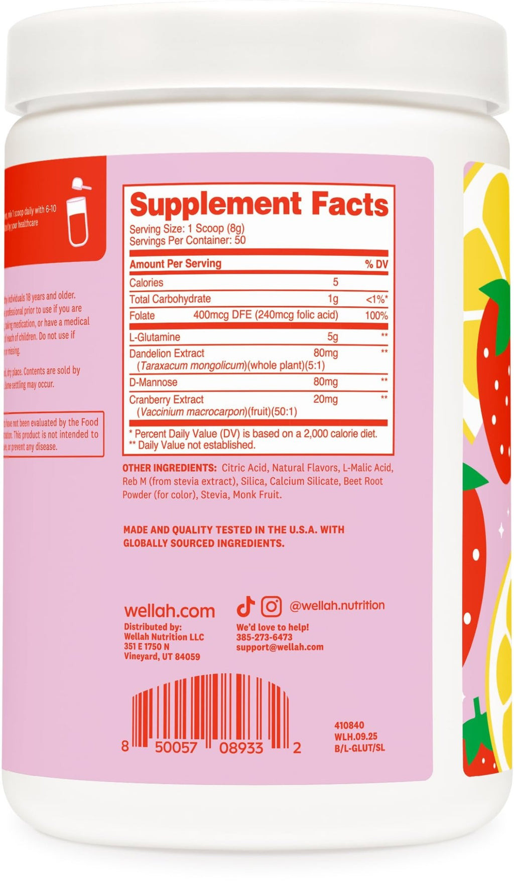 Wellah L-Glutamine Strawberry Lemonade Flavored (50 Servings) - 5g L-Glutamine Per Serving, Sweetened with Stevia - FENGGESTORE20