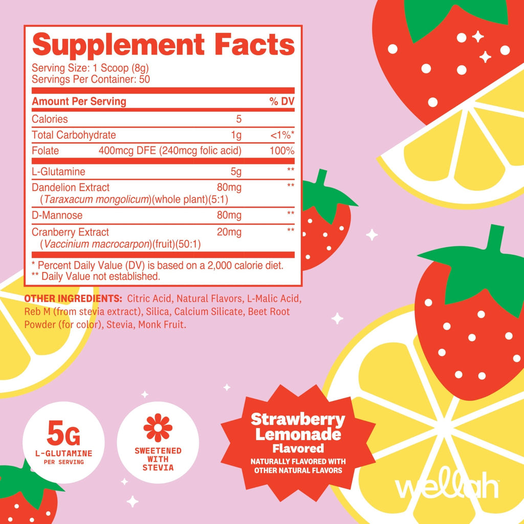 Wellah L-Glutamine Strawberry Lemonade Flavored (50 Servings) - 5g L-Glutamine Per Serving, Sweetened with Stevia - FENGGESTORE20