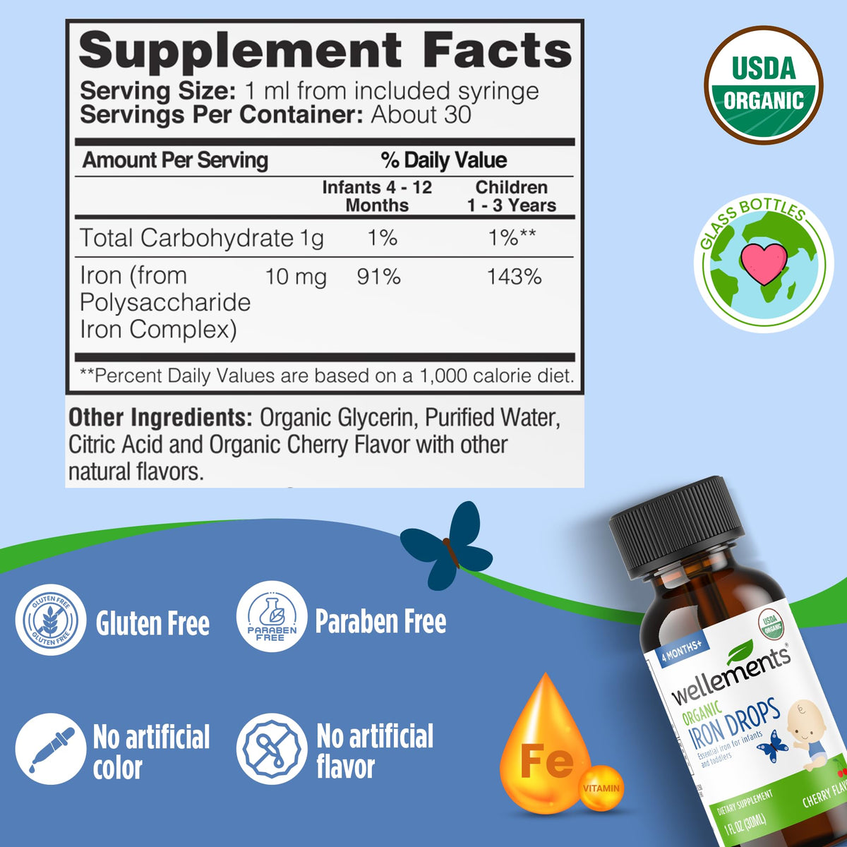 Wellements Organic Iron Drops for Newborn+ Babies (1 Fl Oz) - Cherry Flavor Liquid Iron Supplement for Infants - Toddler Iron Supplement for Kids (4months+ to 3 Years) - FENGGESTORE20