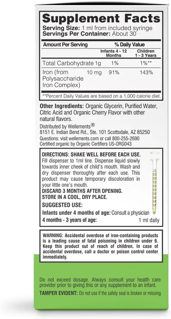 Wellements Organic Iron Drops for Newborn+ Babies (1 Fl Oz) - Cherry Flavor Liquid Iron Supplement for Infants - Toddler Iron Supplement for Kids (4months+ to 3 Years) - FENGGESTORE20