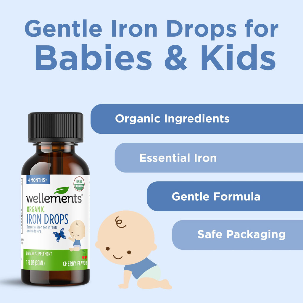 Wellements Organic Iron Drops for Newborn+ Babies (1 Fl Oz) - Cherry Flavor Liquid Iron Supplement for Infants - Toddler Iron Supplement for Kids (4months+ to 3 Years) - FENGGESTORE20