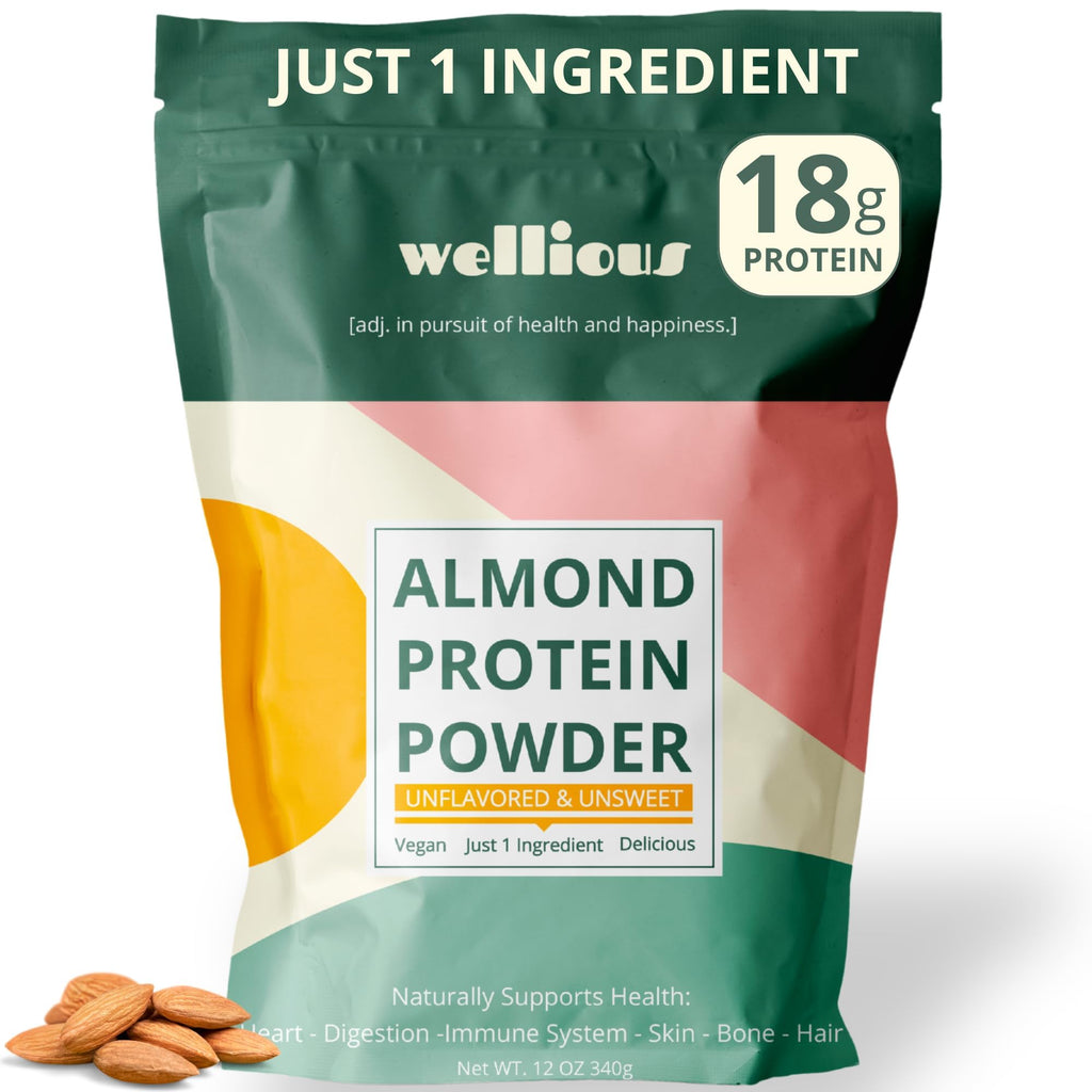 wellious Almond Protein Powder (Unflavored, Unsweetened) - 18 Grams of Pure Healthiest Vegan Protein for Women & Men | Soy-Free & Gut Friendly Protein - FENGGESTORE20