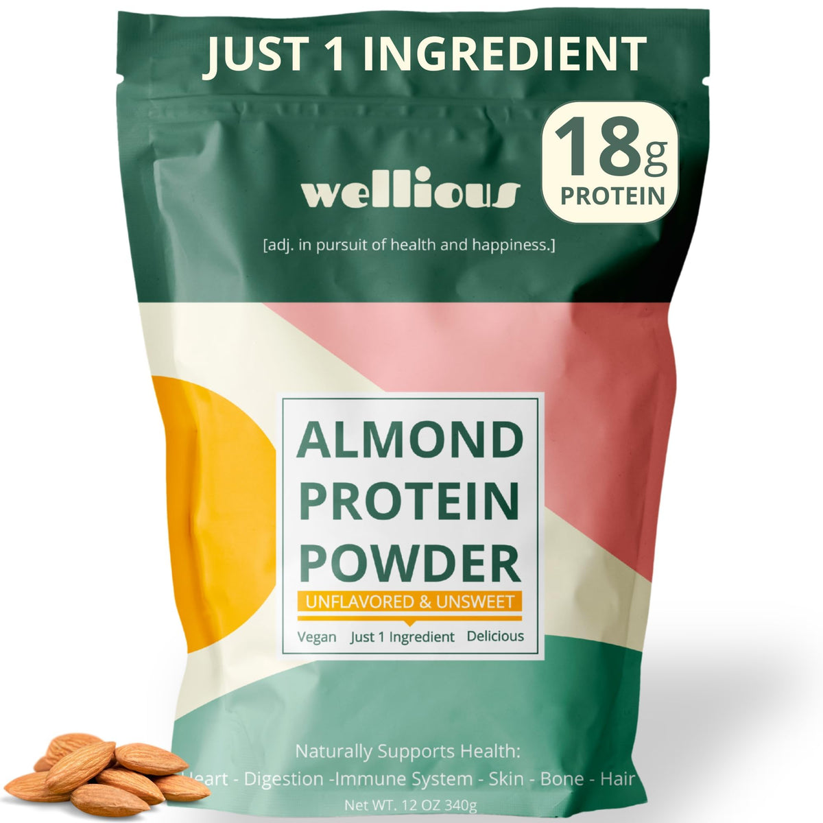 wellious Almond Protein Powder (Unflavored, Unsweetened) - 18 Grams of Pure Healthiest Vegan Protein for Women & Men | Soy-Free & Gut Friendly Protein - FENGGESTORE20
