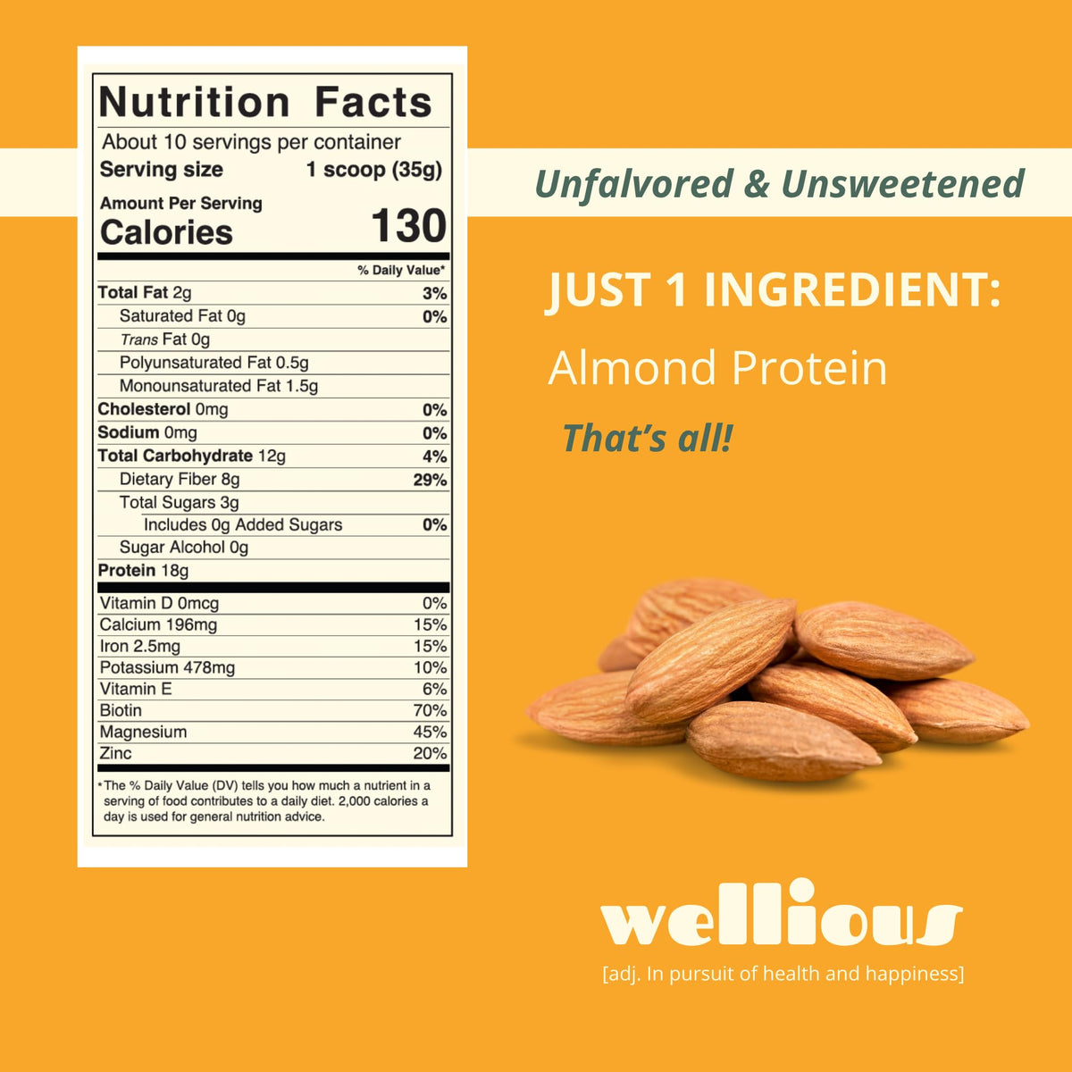wellious Almond Protein Powder (Unflavored, Unsweetened) - 18 Grams of Pure Healthiest Vegan Protein for Women & Men | Soy-Free & Gut Friendly Protein - FENGGESTORE20