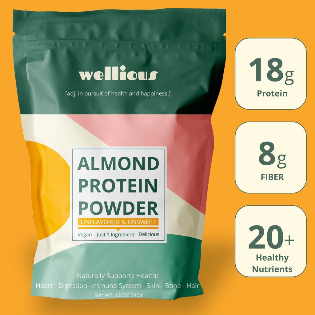 wellious Almond Protein Powder (Unflavored, Unsweetened) - 18 Grams of Pure Healthiest Vegan Protein for Women & Men | Soy-Free & Gut Friendly Protein - FENGGESTORE20