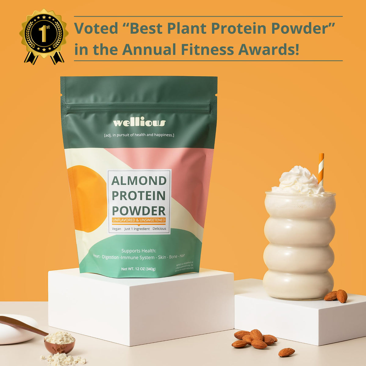 wellious Almond Protein Powder (Unflavored, Unsweetened) - 18 Grams of Pure Healthiest Vegan Protein for Women & Men | Soy-Free & Gut Friendly Protein - FENGGESTORE20