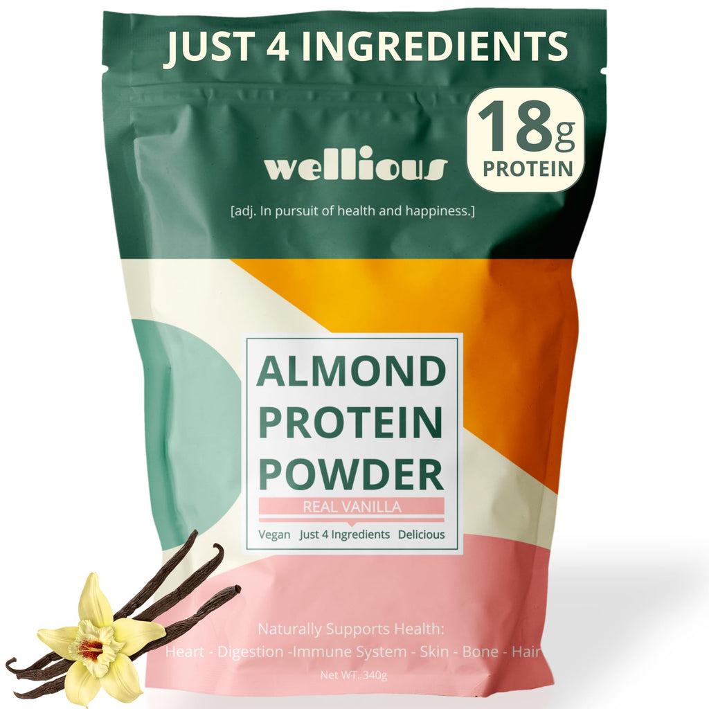 wellious Almond Protein Powder (Vanilla) - 18 Grams of Pure Healthiest Vegan Protein for Women & Men - Perfect Soy-Free & Smooth Gut Friendly Protein Powder for Sports Nutrition - FENGGESTORE20