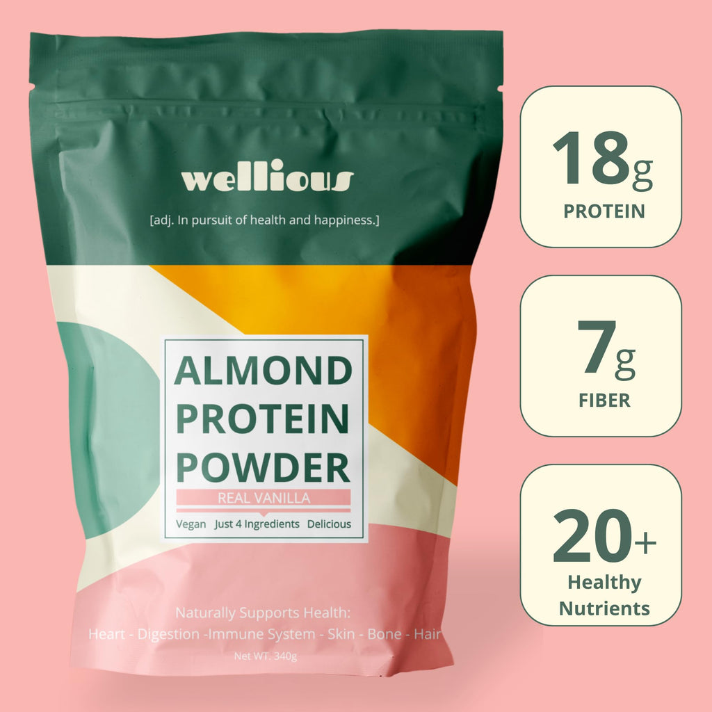 wellious Almond Protein Powder (Vanilla) - 18 Grams of Pure Healthiest Vegan Protein for Women & Men - Perfect Soy-Free & Smooth Gut Friendly Protein Powder for Sports Nutrition - FENGGESTORE20