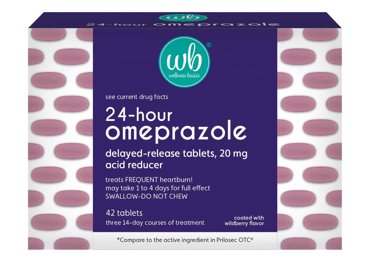 Wellness Basics Omeprazole 20mg Delayed Release | Acid Reducer | 42 Count | Tablet | Treats Frequent Heartburn (Wildberry) - FENGGESTORE20