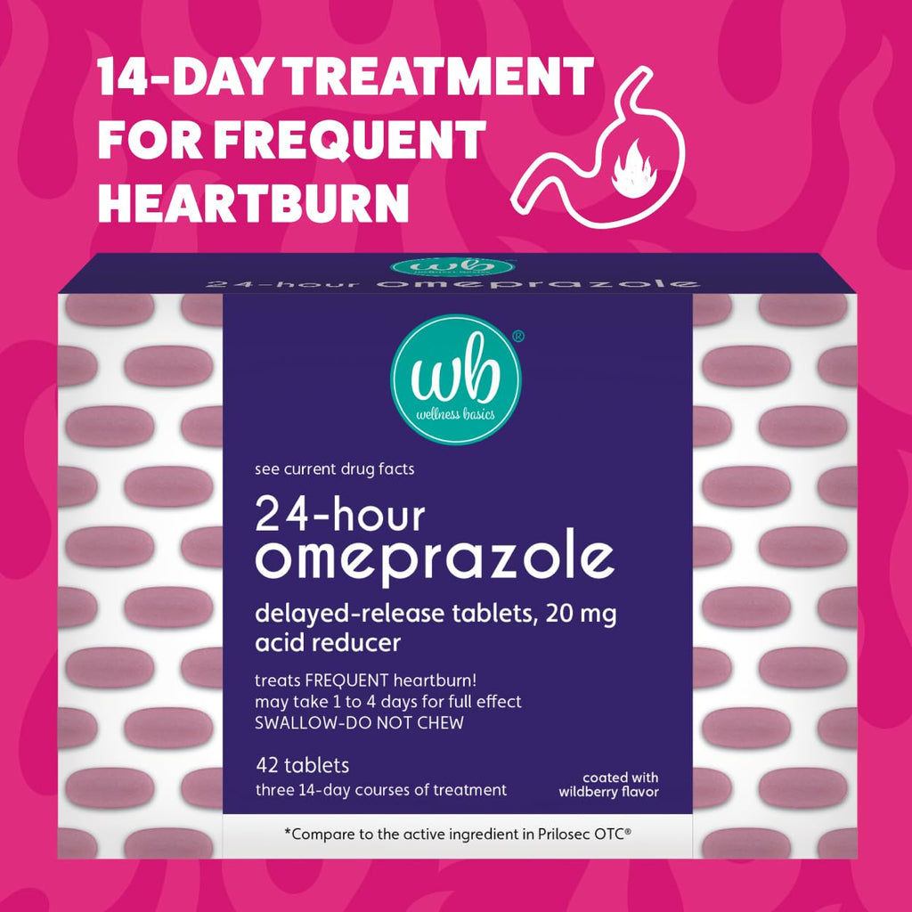 Wellness Basics Omeprazole 20mg Delayed Release | Acid Reducer | 42 Count | Tablet | Treats Frequent Heartburn (Wildberry) - FENGGESTORE20