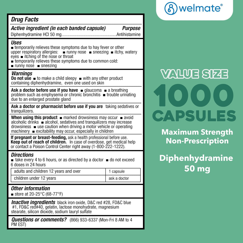 WELMATE Allergy Relief - Diphenhydramine 50 mg - 1000 Count Capsules - Antihistamine - Allergy & Cold Symptoms - Sneezing, Runny Nose, Itchy Eyes & Throat - FENGGESTORE20