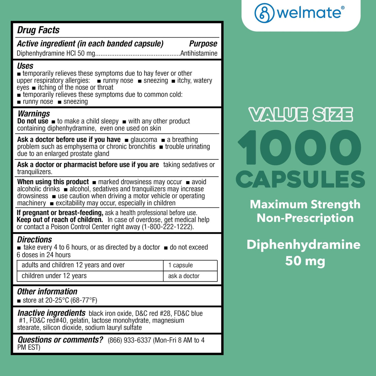 WELMATE Allergy Relief - Diphenhydramine 50 mg - 1000 Count Capsules - Antihistamine - Allergy & Cold Symptoms - Sneezing, Runny Nose, Itchy Eyes & Throat - FENGGESTORE20