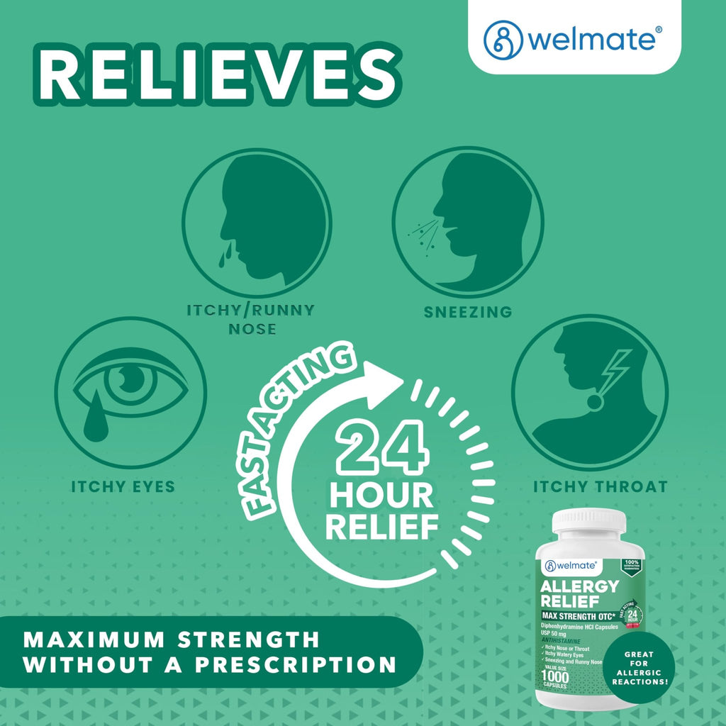 WELMATE Allergy Relief - Diphenhydramine 50 mg - 1000 Count Capsules - Antihistamine - Allergy & Cold Symptoms - Sneezing, Runny Nose, Itchy Eyes & Throat - FENGGESTORE20