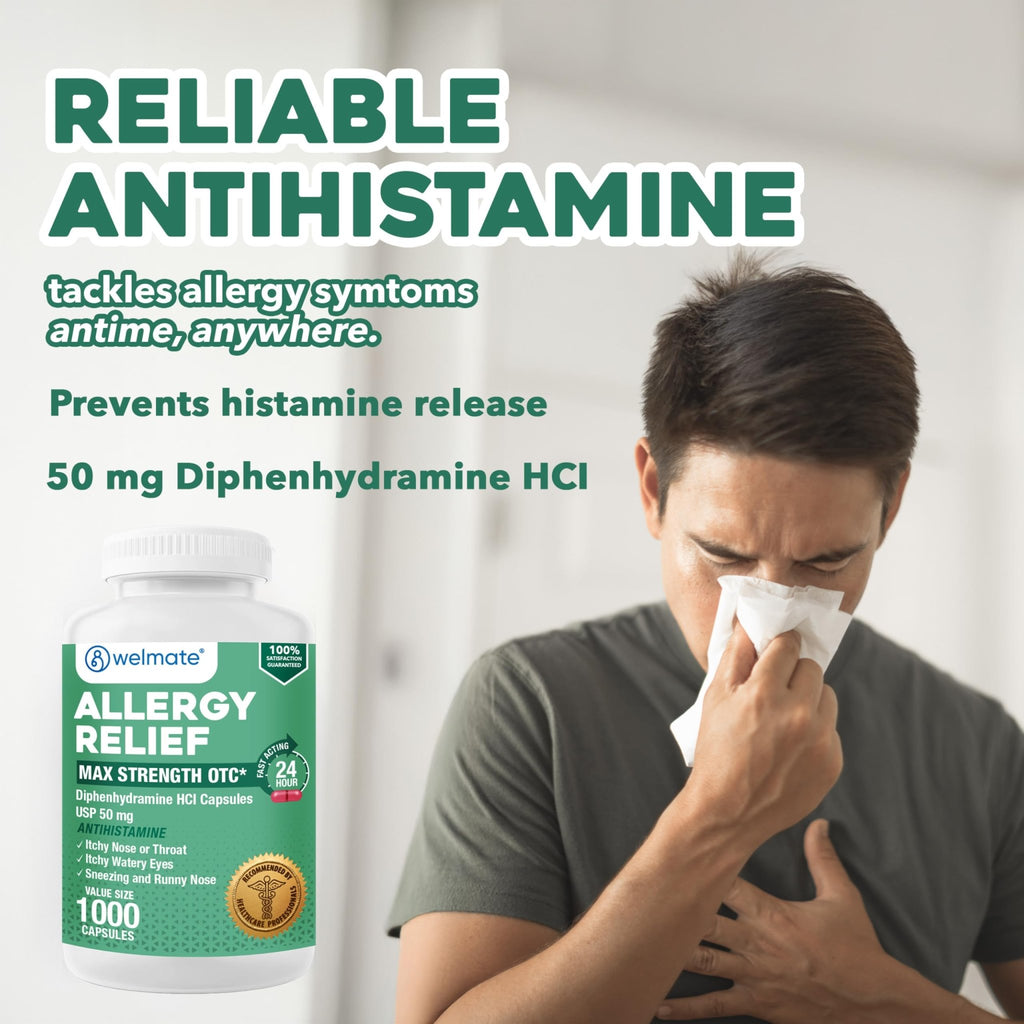 WELMATE Allergy Relief - Diphenhydramine 50 mg - 1000 Count Capsules - Antihistamine - Allergy & Cold Symptoms - Sneezing, Runny Nose, Itchy Eyes & Throat - FENGGESTORE20