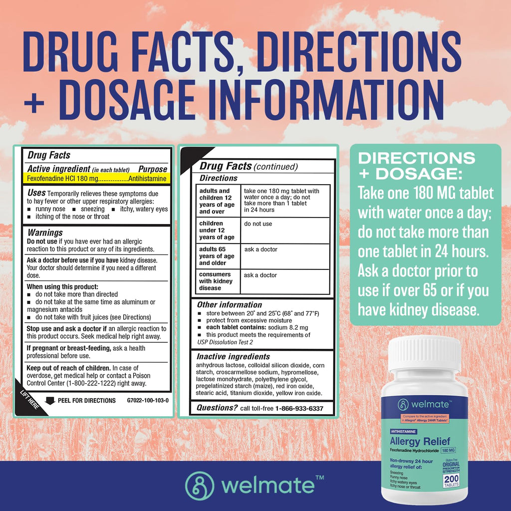 WELMATE | Allergy Relief | Fexofenadine HCl 180 mg | 24 Hour Non-Drowsy Antihistamine | Sneezing | Runny Nose | Itchy Eyes, Nose & Throat | Indoor & Outdoor Allergy Relief Tablets | 200 Count - FENGGESTORE20