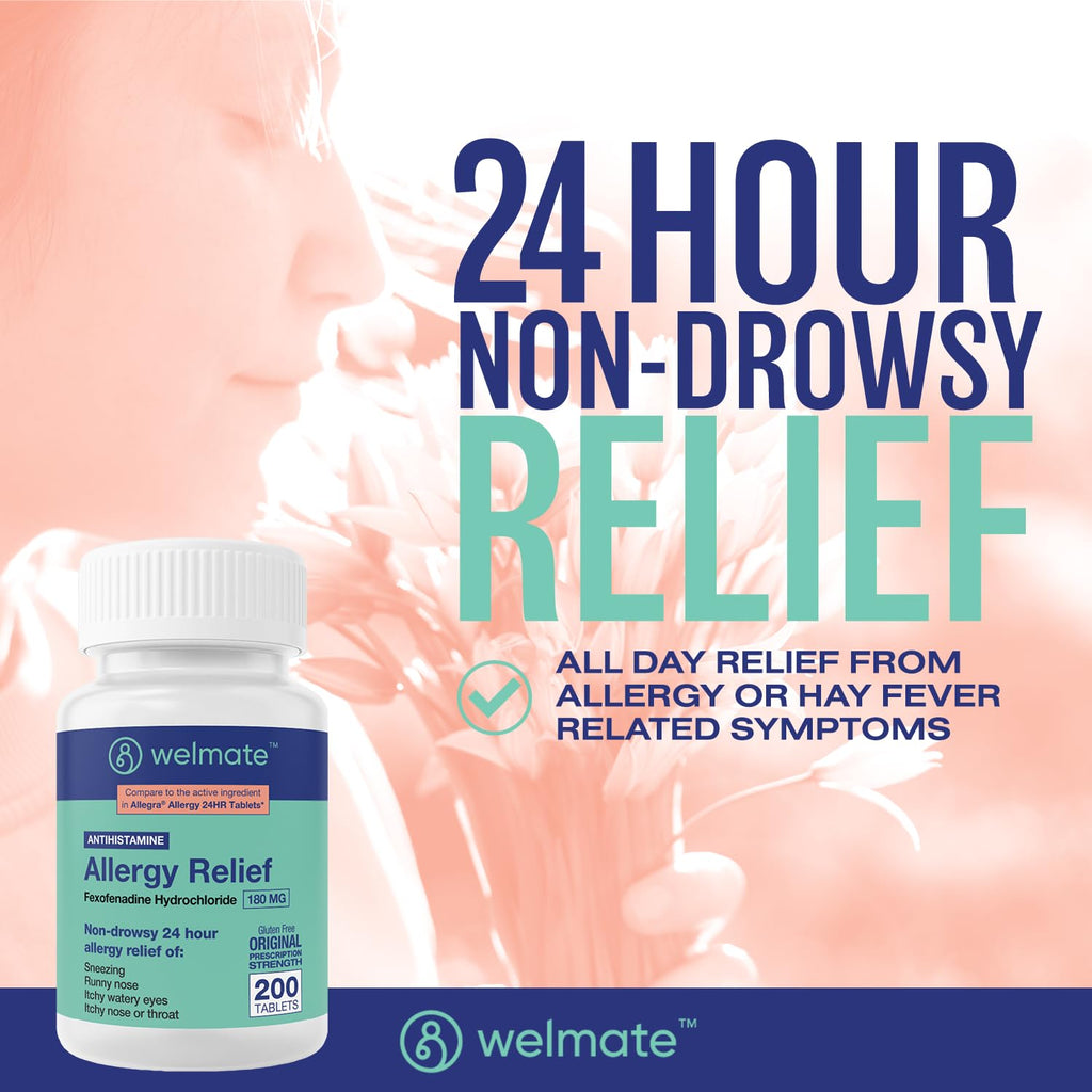 WELMATE | Allergy Relief | Fexofenadine HCl 180 mg | 24 Hour Non-Drowsy Antihistamine | Sneezing | Runny Nose | Itchy Eyes, Nose & Throat | Indoor & Outdoor Allergy Relief Tablets | 200 Count - FENGGESTORE20