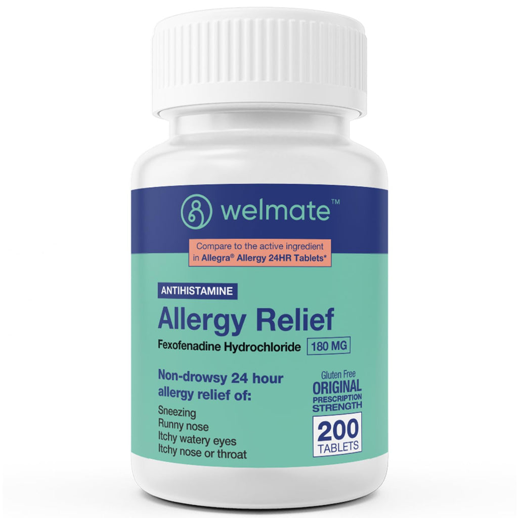 WELMATE | Allergy Relief | Fexofenadine HCl 180 mg | 24 Hour Non-Drowsy Antihistamine | Sneezing | Runny Nose | Itchy Eyes, Nose & Throat | Indoor & Outdoor Allergy Relief Tablets | 200 Count - FENGGESTORE20