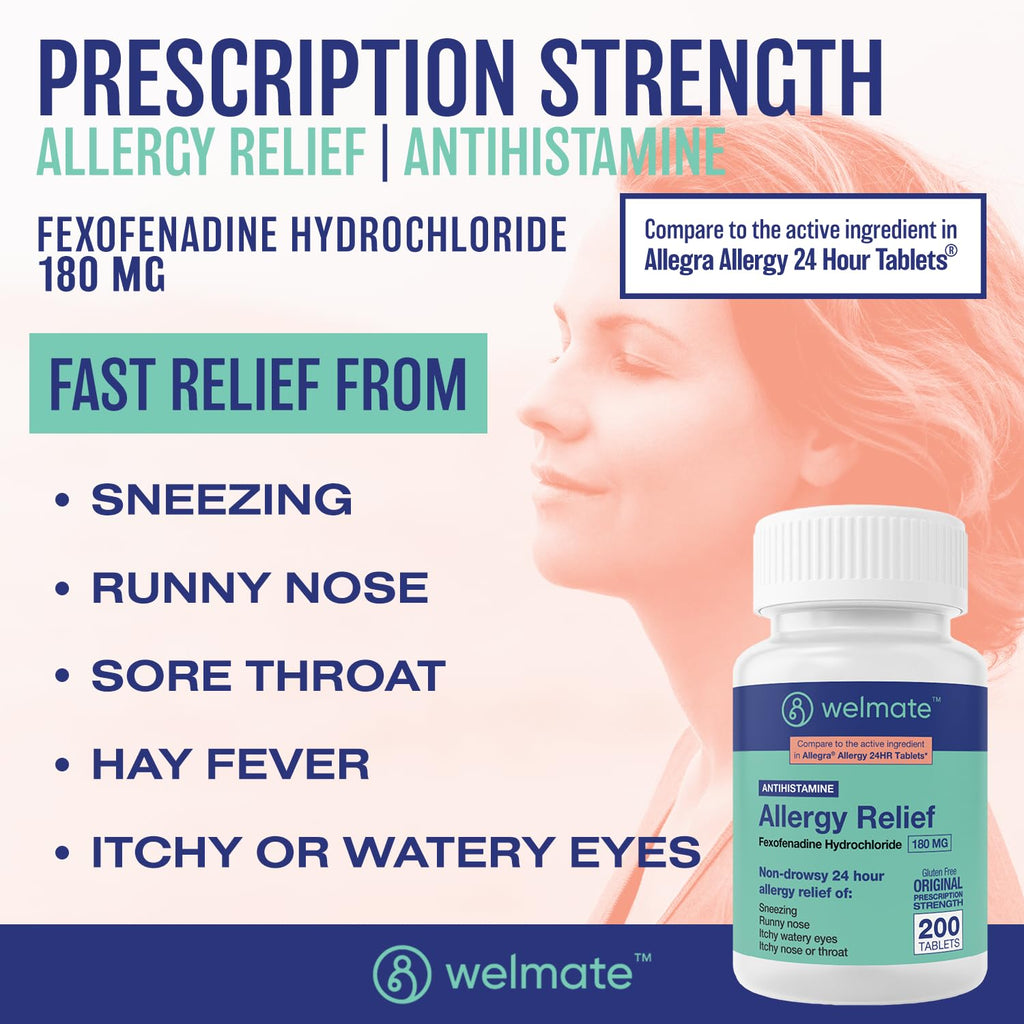 WELMATE | Allergy Relief | Fexofenadine HCl 180 mg | 24 Hour Non-Drowsy Antihistamine | Sneezing | Runny Nose | Itchy Eyes, Nose & Throat | Indoor & Outdoor Allergy Relief Tablets | 200 Count - FENGGESTORE20