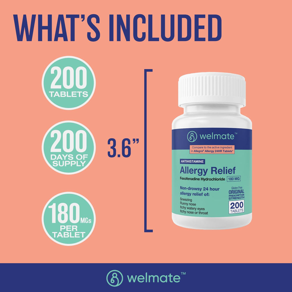 WELMATE | Allergy Relief | Fexofenadine HCl 180 mg | 24 Hour Non-Drowsy Antihistamine | Sneezing | Runny Nose | Itchy Eyes, Nose & Throat | Indoor & Outdoor Allergy Relief Tablets | 200 Count - FENGGESTORE20