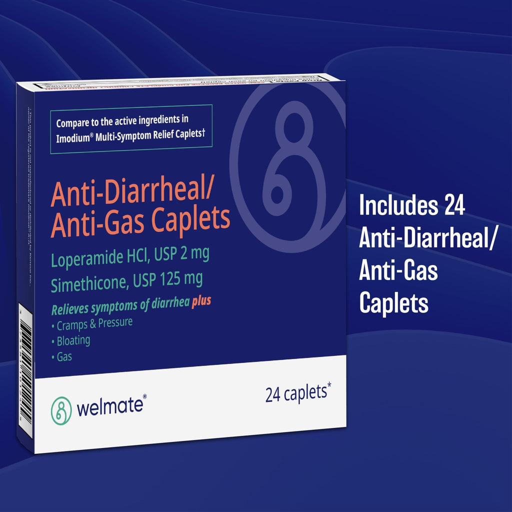 WELMATE - Anti-Diarrheal/Anti-Gas Caplets (24 Count) - Diarrhea, Gas, Bloating, Cramps - Loperamide HCl 2mg & Simethicone 125mg - OTC Medication - FENGGESTORE20